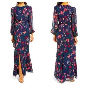 NWT Eliza J Floral Print Chiffon Crew Neck Long Blouson Sleeve Maxi Dress